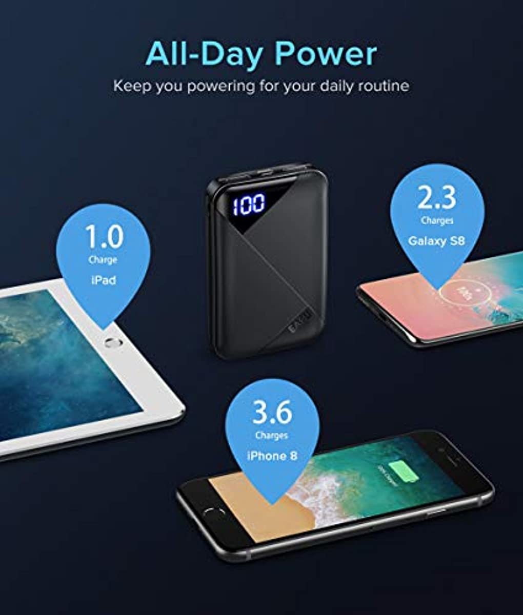 EAFU Power bank, Mini Size 10000mAh LED Display Portable Charger Dual 3A Outputs & USB C Input Battery Pack with Flashlight.