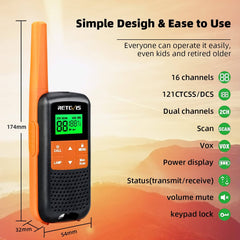 Retevis RT649 Walkie Talkie, IP65 Waterproof License-Free, Rechargeable Battery,16 Channels , VOX Torch Dual watch (2 Pcs)